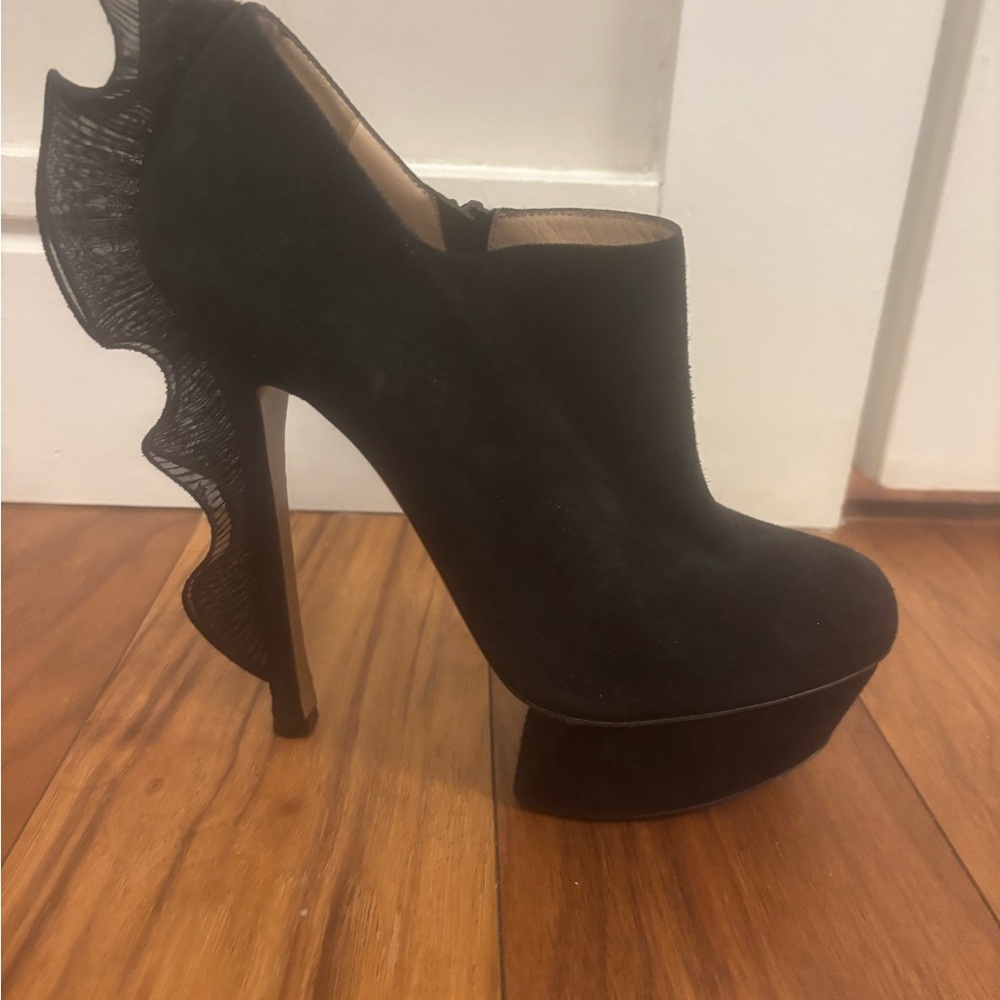 Nicholas Kirkwood Black Sculpted Heel Boots with Ruffle